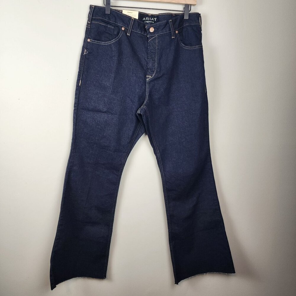 New Ariat Womens 33 S  High Rise Flare Jeans Dark Wash Denim Frayed Hem